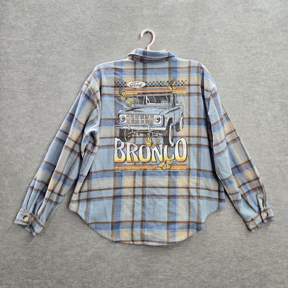 Ford Women Button Up Shirt L Blue Acrylic Polyester Wool Plaid‎ Flannel Bronco